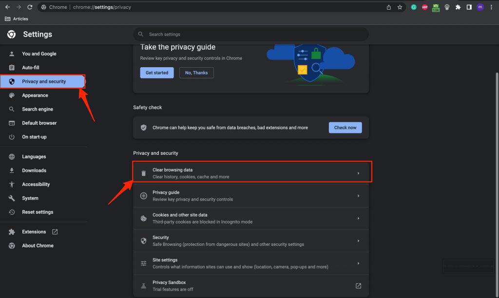 clear chrome browsing data and cache